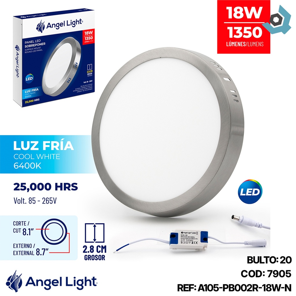 LAMPARA LED SUPERFICIAL REDONDA 18W NIQUELADA LUZ BLANCA ANGEL LIGHT