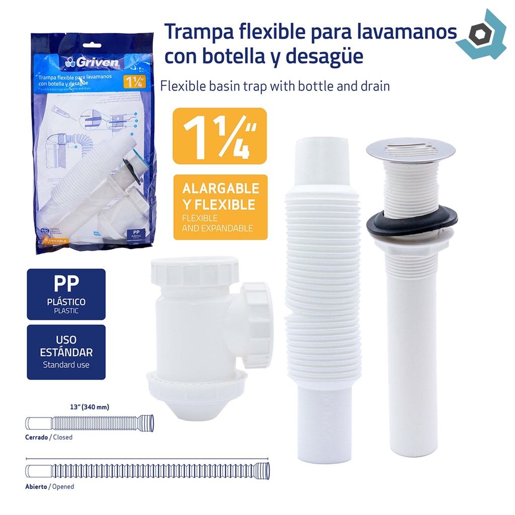 SIFON 1 1/4" FLEXIBLE CON DESAGUE PARA LAVAMANOS GRIVEN