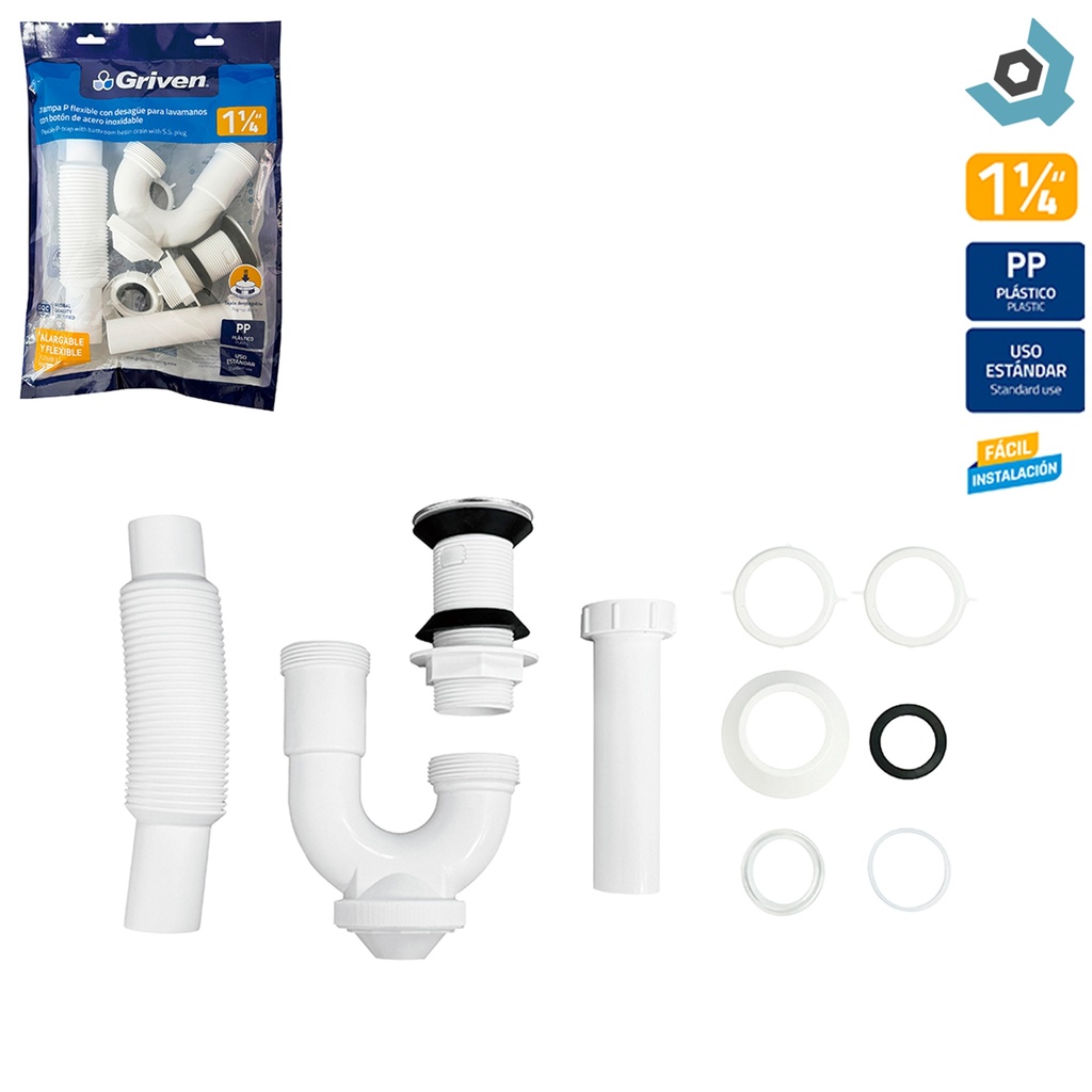 SIFON FLEXIBLE 1 1/4" CON DESAGUE PARA LAVAMANOS GRIVEN