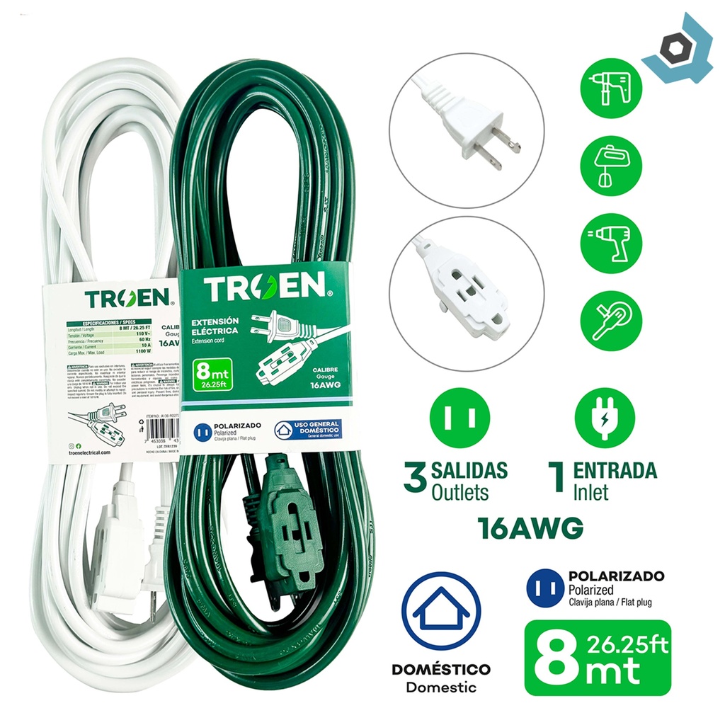 EXTENSION ELECTRICA 26FT 3 TOMAS TROEN