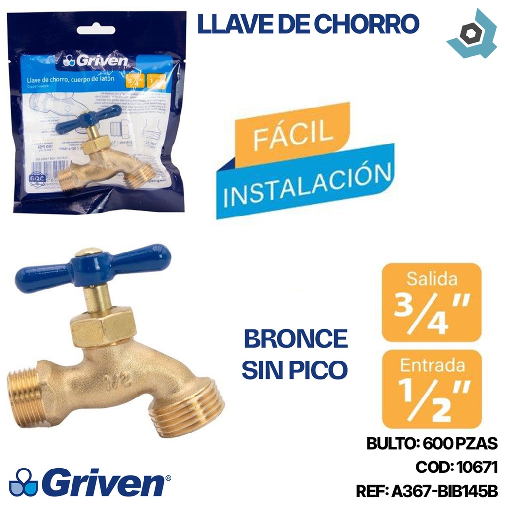 LLAVE DE CHORRO 1/2" BRONCE SIN PICO GRIVEN