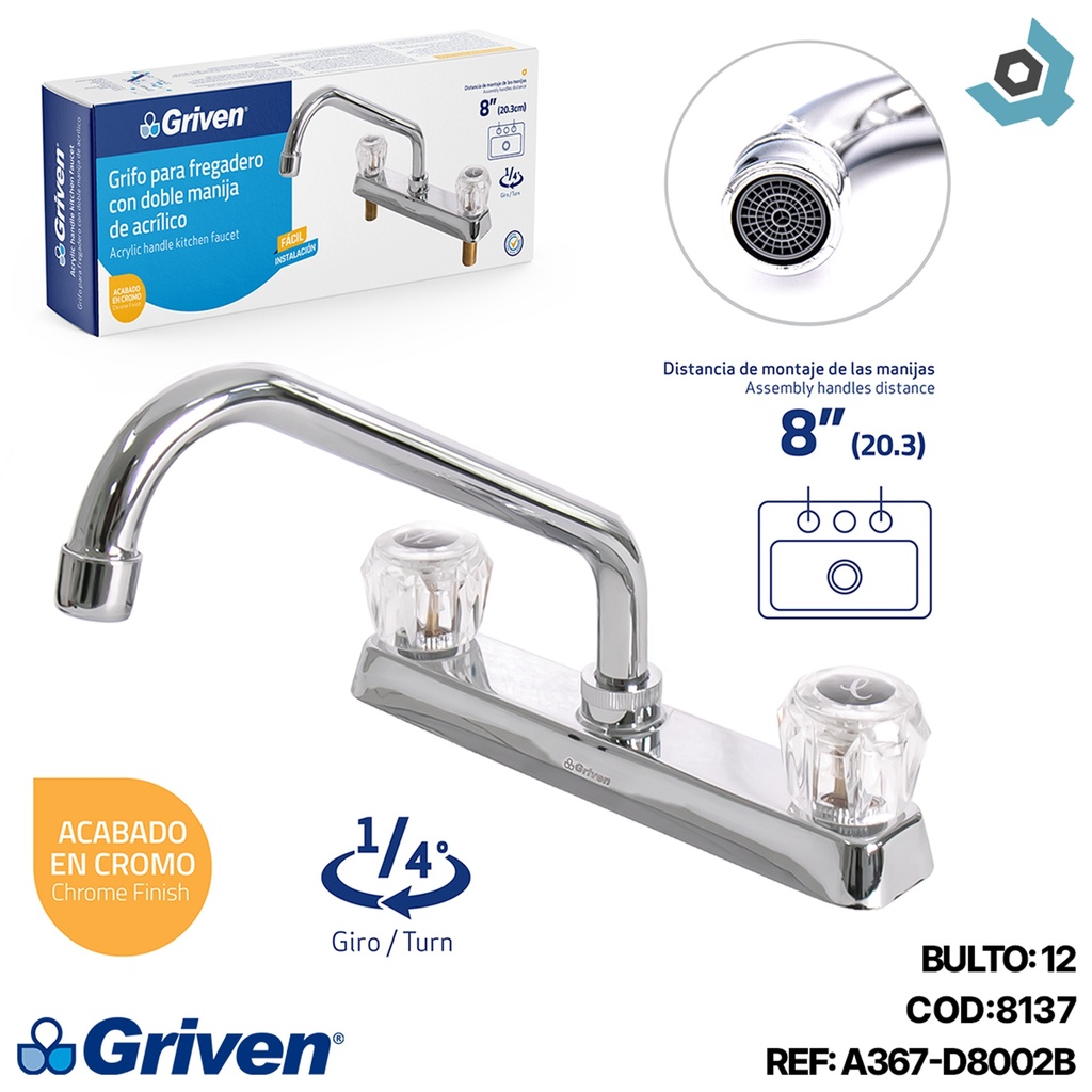 GRIFERIA PARA FREGADERO 8" POMO DE ACRILICO GRIVEN