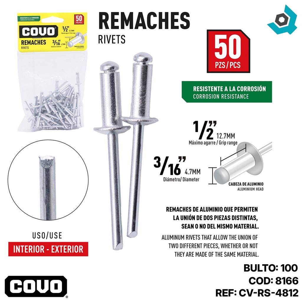 REMACHES 3/16" X 1/2" 50 PIEZAS COVO