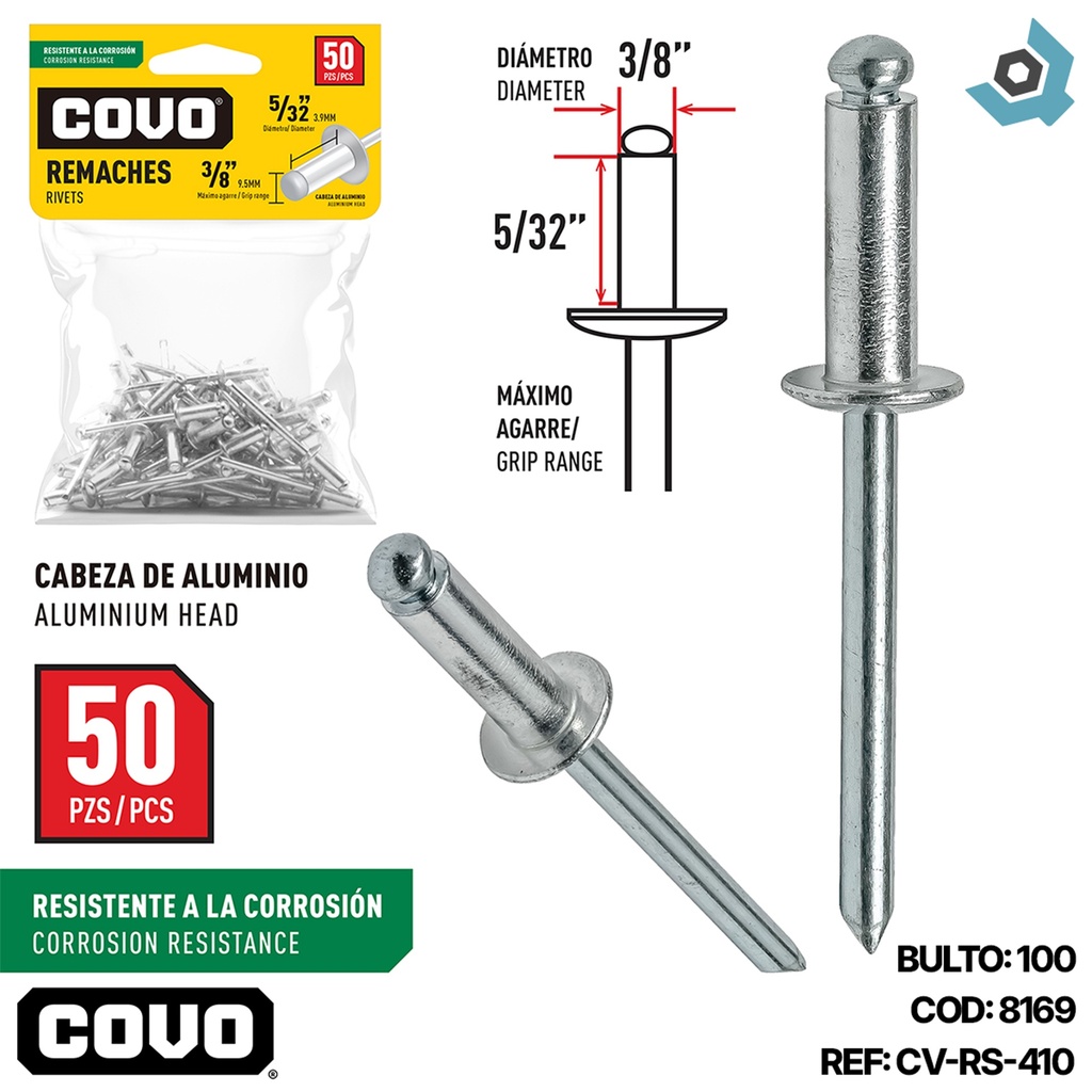 REMACHES 5/32" X 3/8" 50 PIEZAS COVO