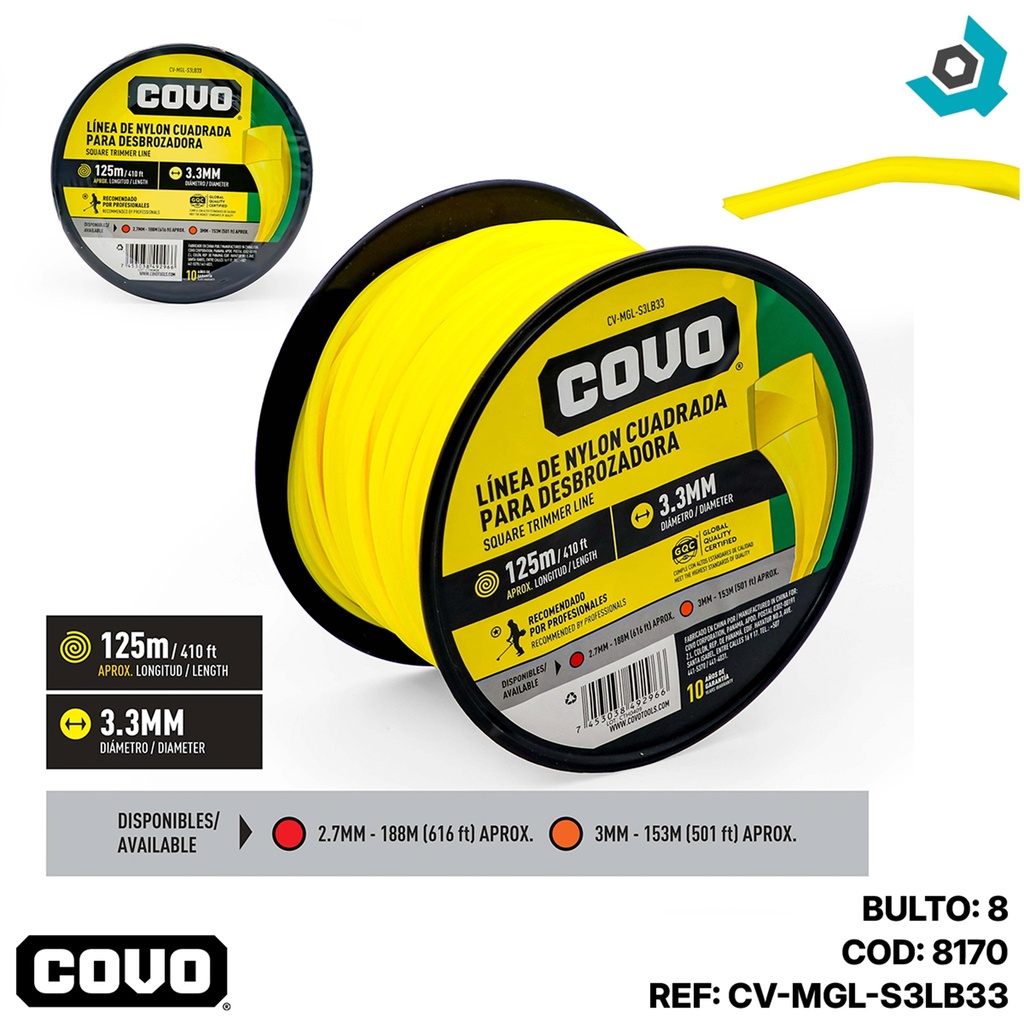 NYLON CUADRADO PARA DESMALEZADORA 125MT X 3.3MM COVO