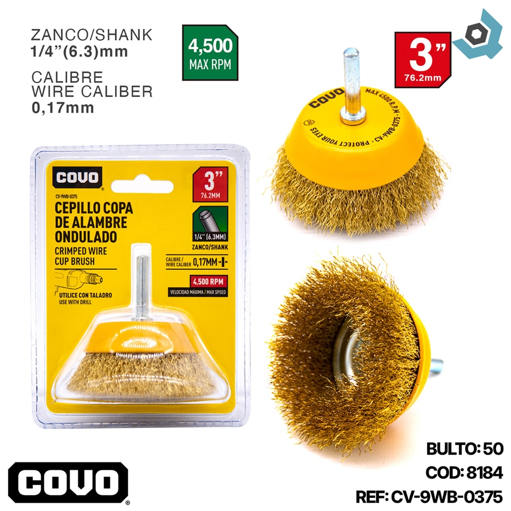 DISCO CEPILLO COPA DE ALAMBRE 3" X 1/4" COVO