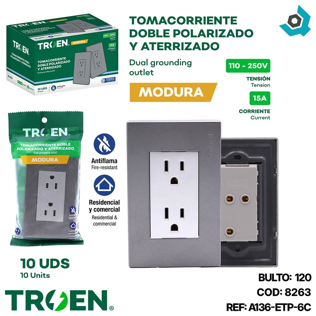 TOMACORRIENTE DOBLE PLATEADO CON TIERRA TROEN