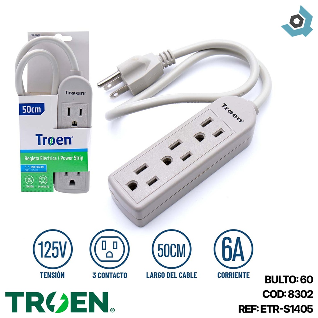 REGLETA ELECTRICA 3 TOMAS CON TIERRA TROEN