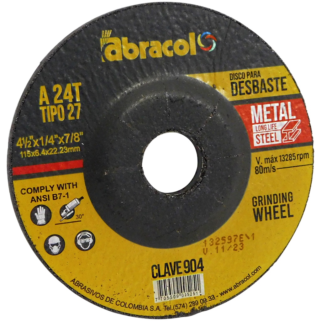 DISCO DE DESBASTE 4 1/2" DE METAL ABRACOL