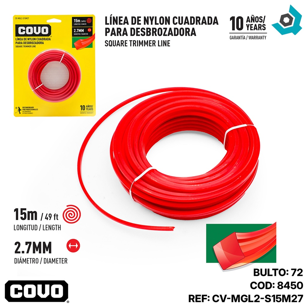 NYLON CUADRADO PARA DESMALEZADORA 15MT X 2.7MM COVO
