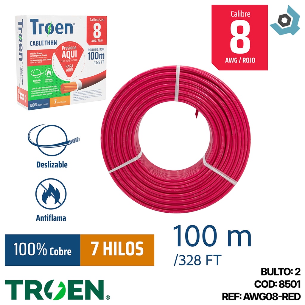 CABLE ELECTRICO 8 AWG ROJO 7 HILOS TROEN