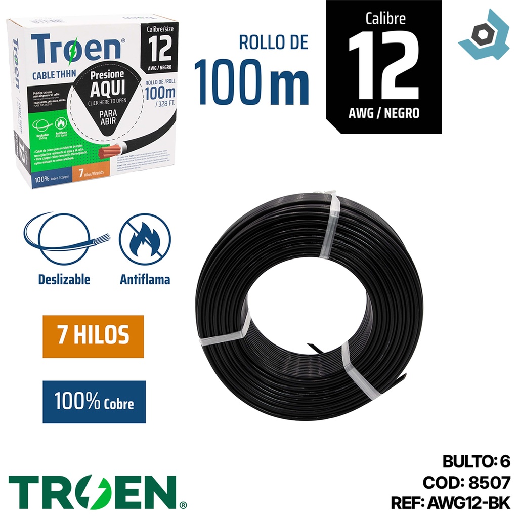 CABLE ELECTRICO 12 AWG NEGRO 7 HILOS TROEN