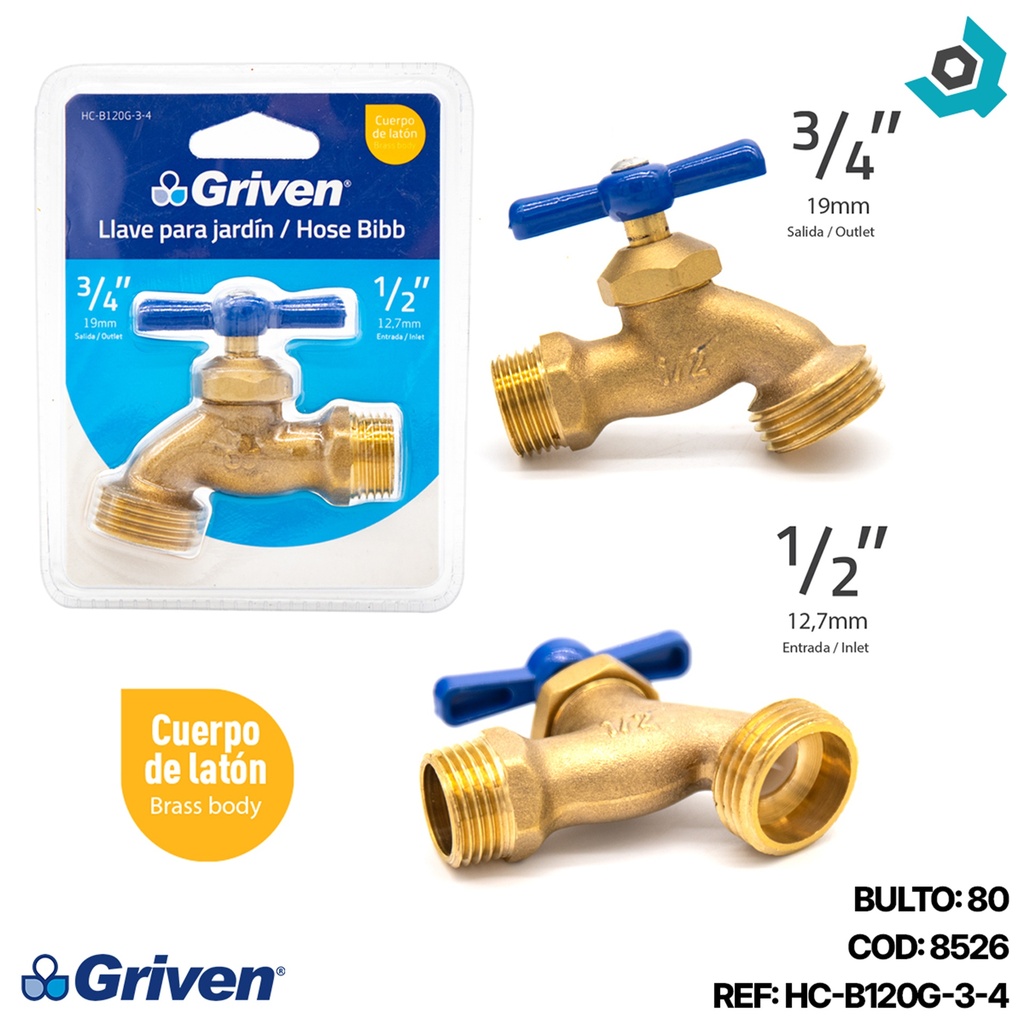 LLAVE DE CHORRO 1/2" BRONCE SIN PICO GRIVEN