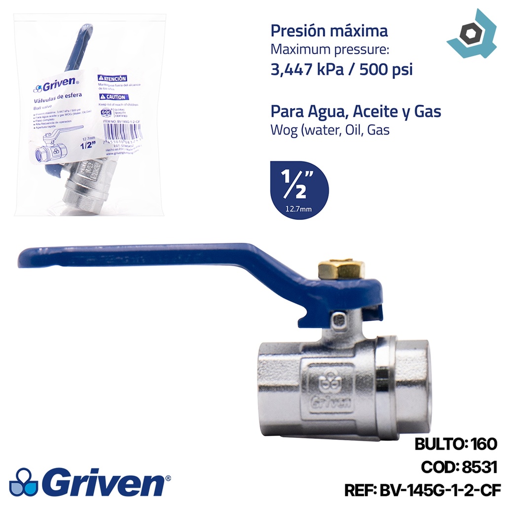 VALVULA 1/2" CROMADA GRIVEN