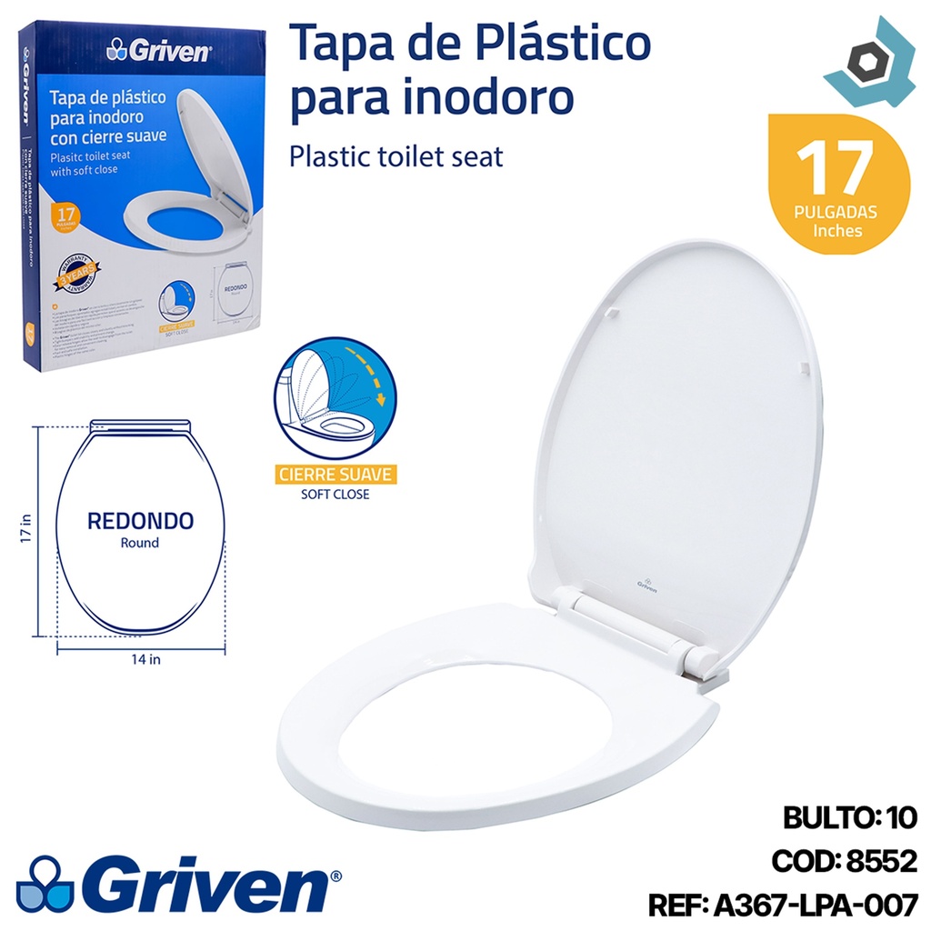 ASIENTO PARA INODORO 17" CIERRE SUAVE REDONDO GRIVEN