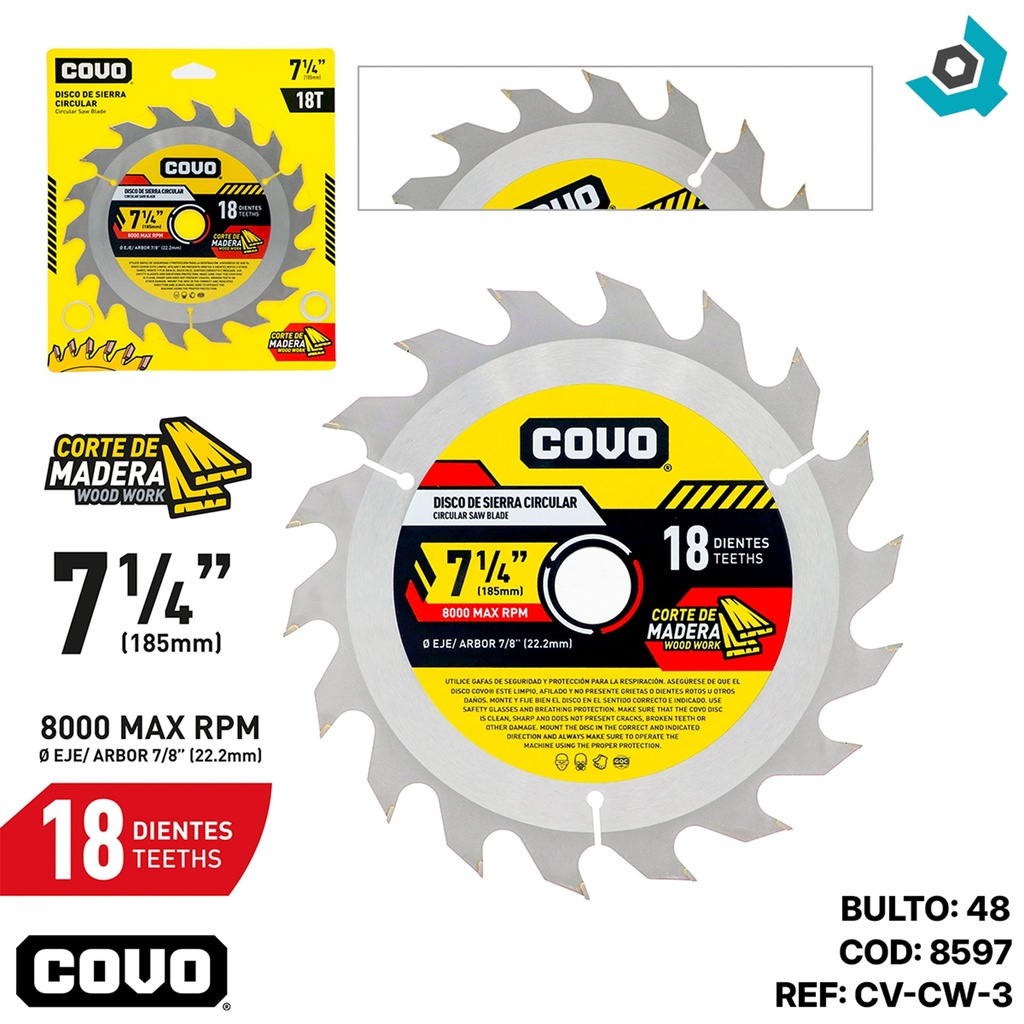 DISCO DE SIERRA 7 1/4" PARA MADERA COVO