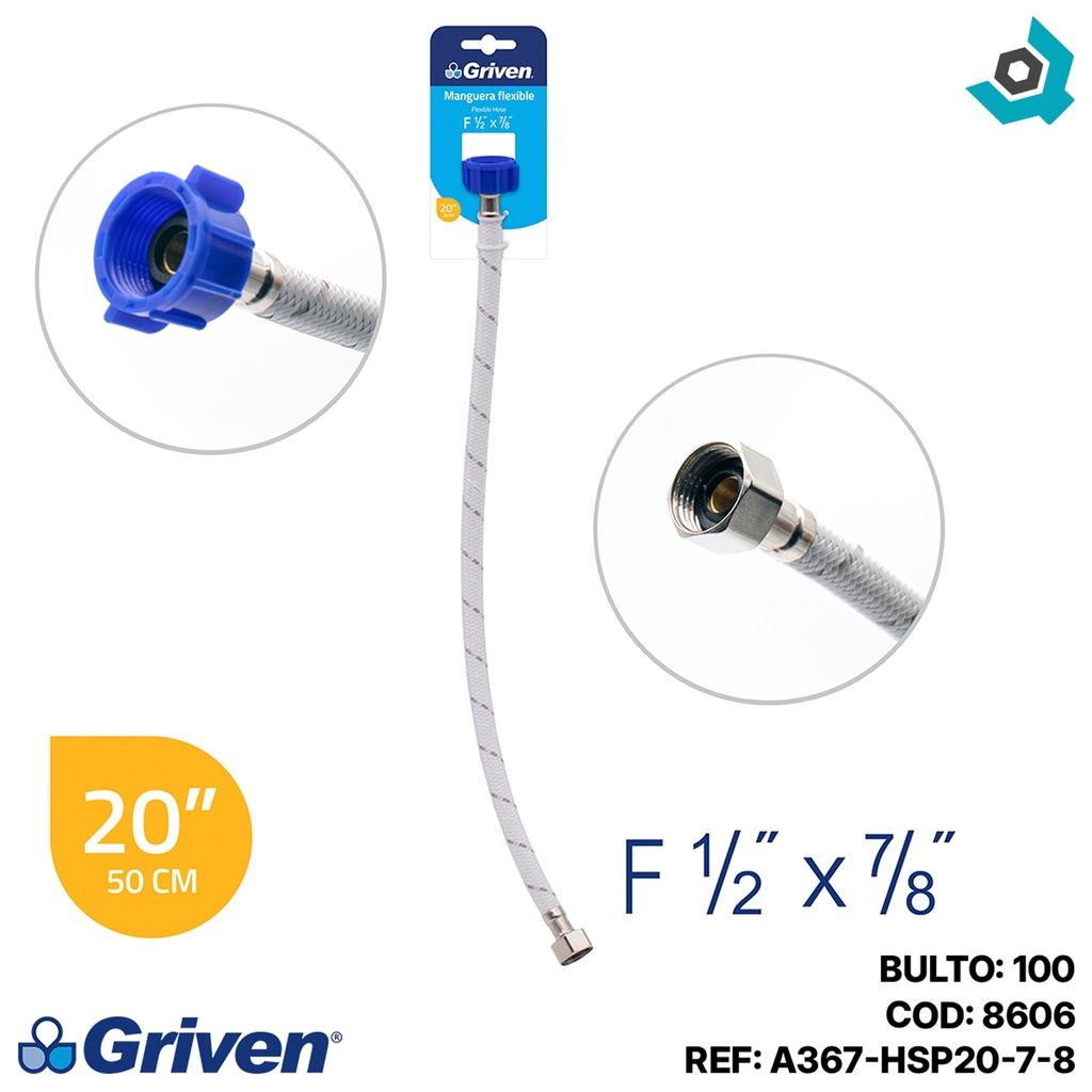 MANGUERA FLEXIBLE 50CM 1/2" x 7/8" PARA PLOMERIA GRIVEN