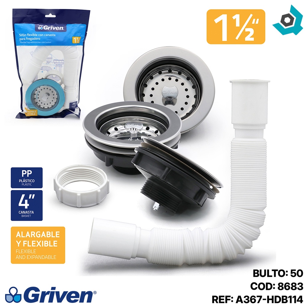 SIFON PARA FREGADERO 1 1/2" X 4" TRAMPA FLEXIBLE GRIVEN