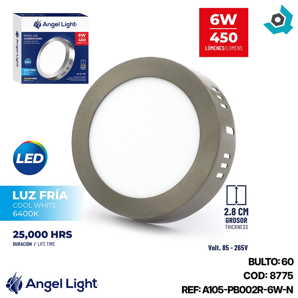 LAMPARA LED SUPERFICIAL REDONDA 6W NIQUELADA LUZ BLANCA ANGEL LIGHT