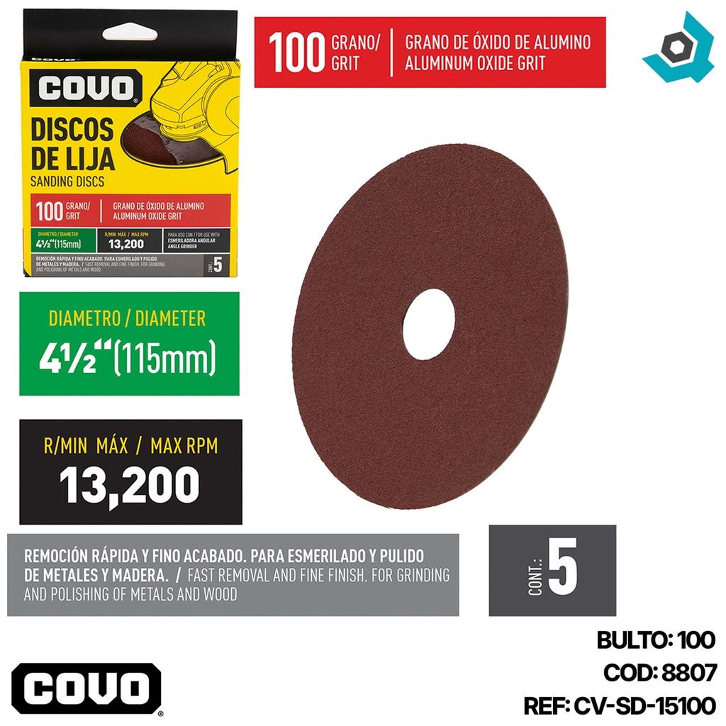 DISCO DE LIJA 4 1/2" X 7/8" GRANO 100 COVO