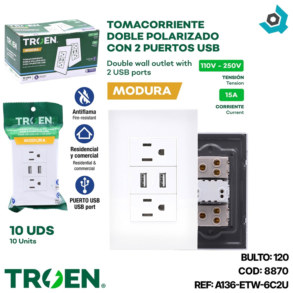 TOMACORRIENTE DOBLE BLANCO CON USB TROEN