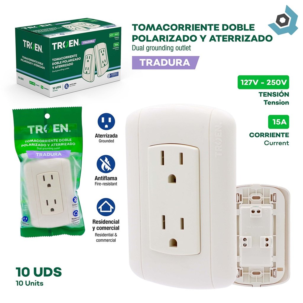 TOMACORRIENTE DOBLE BLANCO MARFIL CON TIERRA TROEN