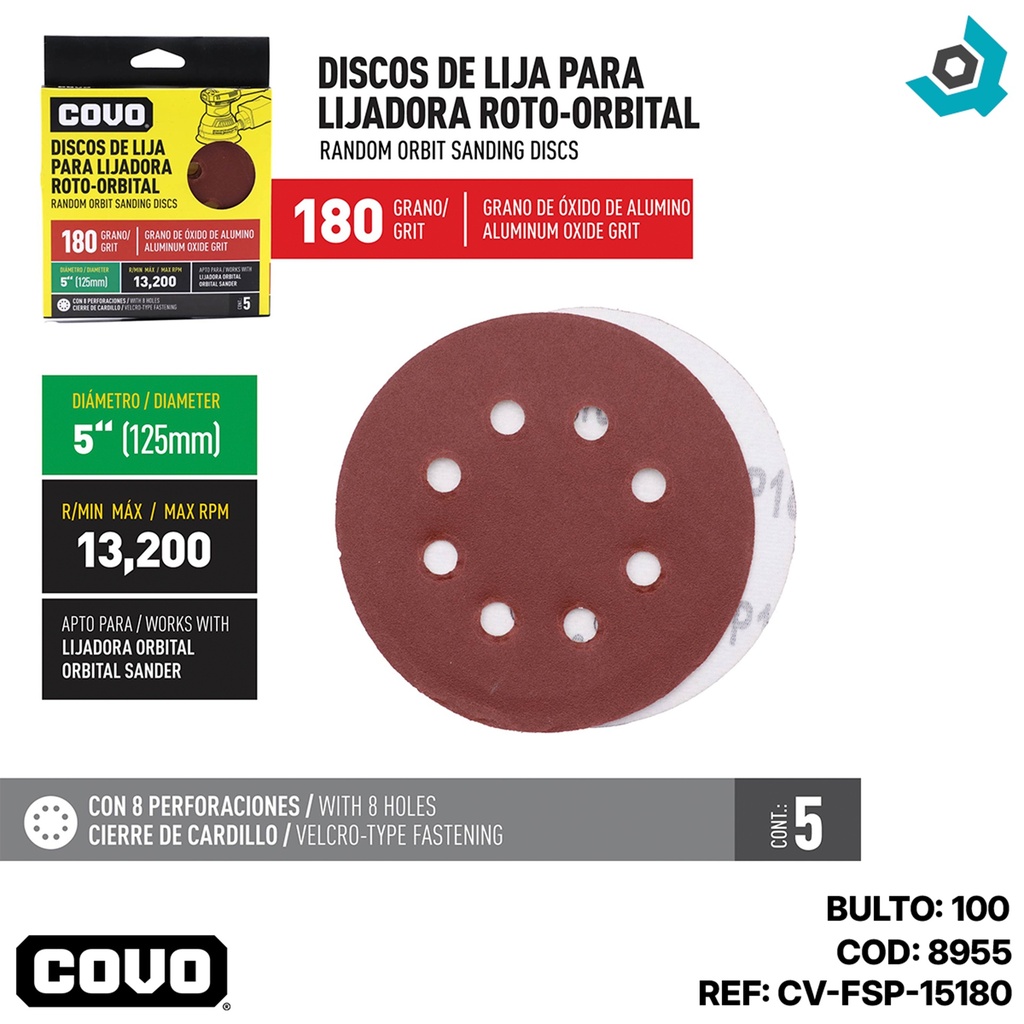 DISCO ABRAISVO 4 1/2" GRANO 180 PARA PULIR COVO