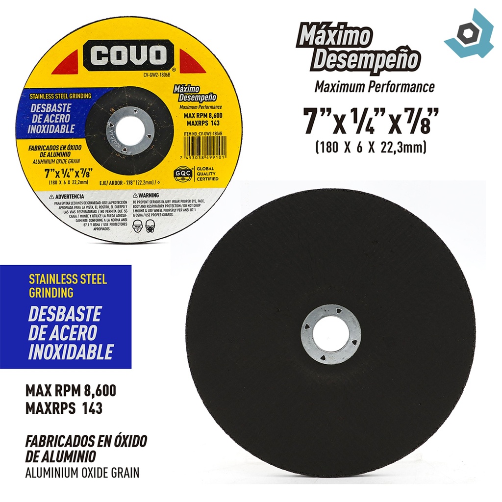 DISCO DE DESBASTE 7" DE ACERO INOXIDABLE COVO