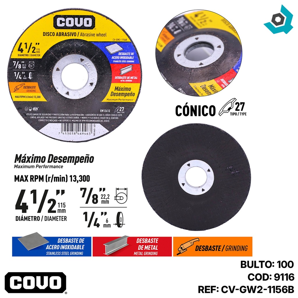 DISCO DE DESBASTE 4 1/2" DE ACERO INOXIDABLE COVO