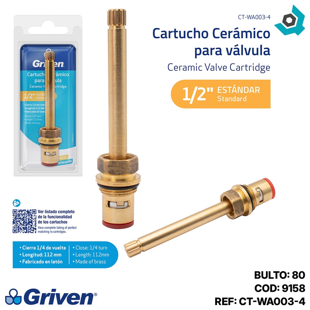 CARTUCHO CERAMICO 1/2" PARA LLAVE DE DUCHA GRIVEN
