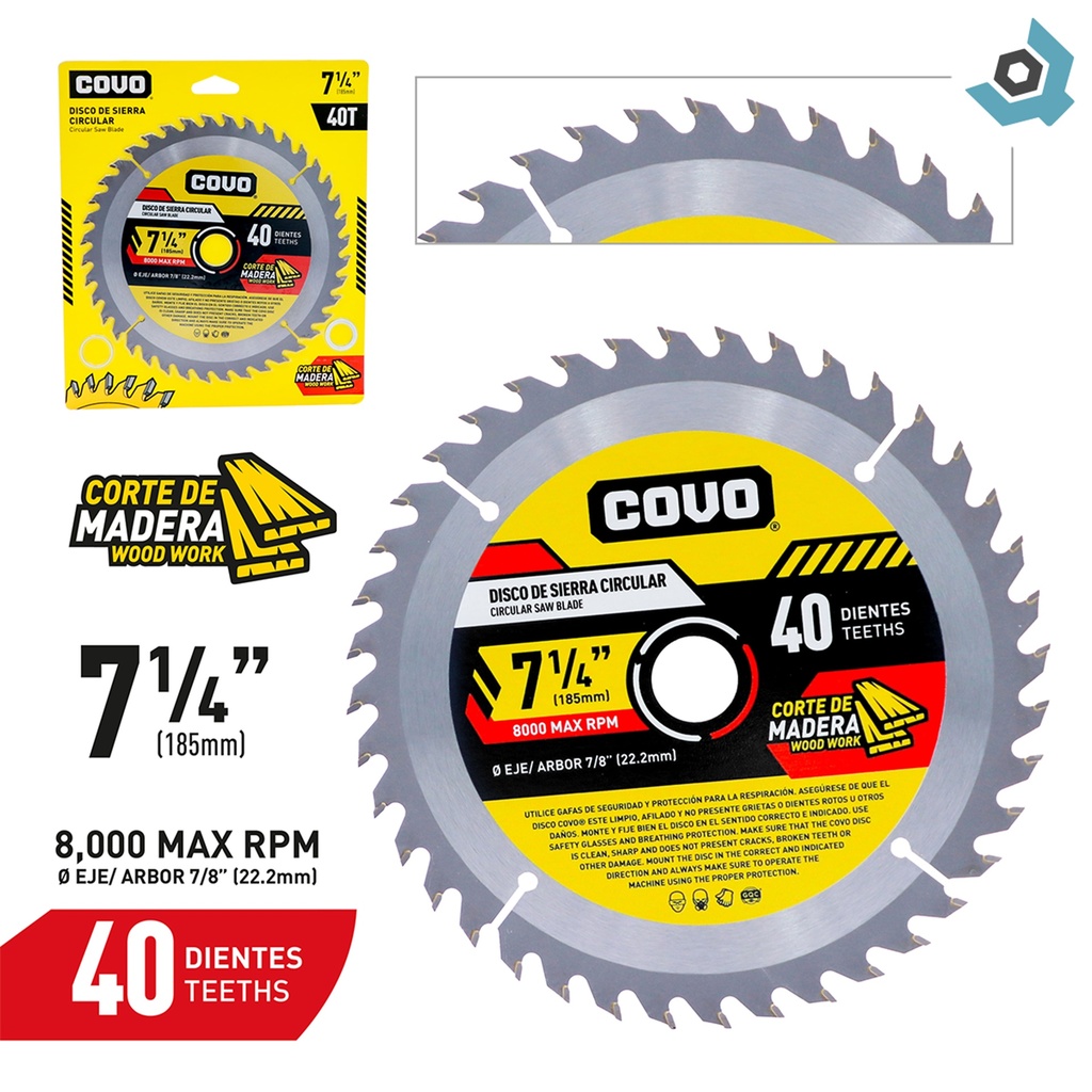DISCO DE SIERRA 7 1/4" PARA MADERA COVO