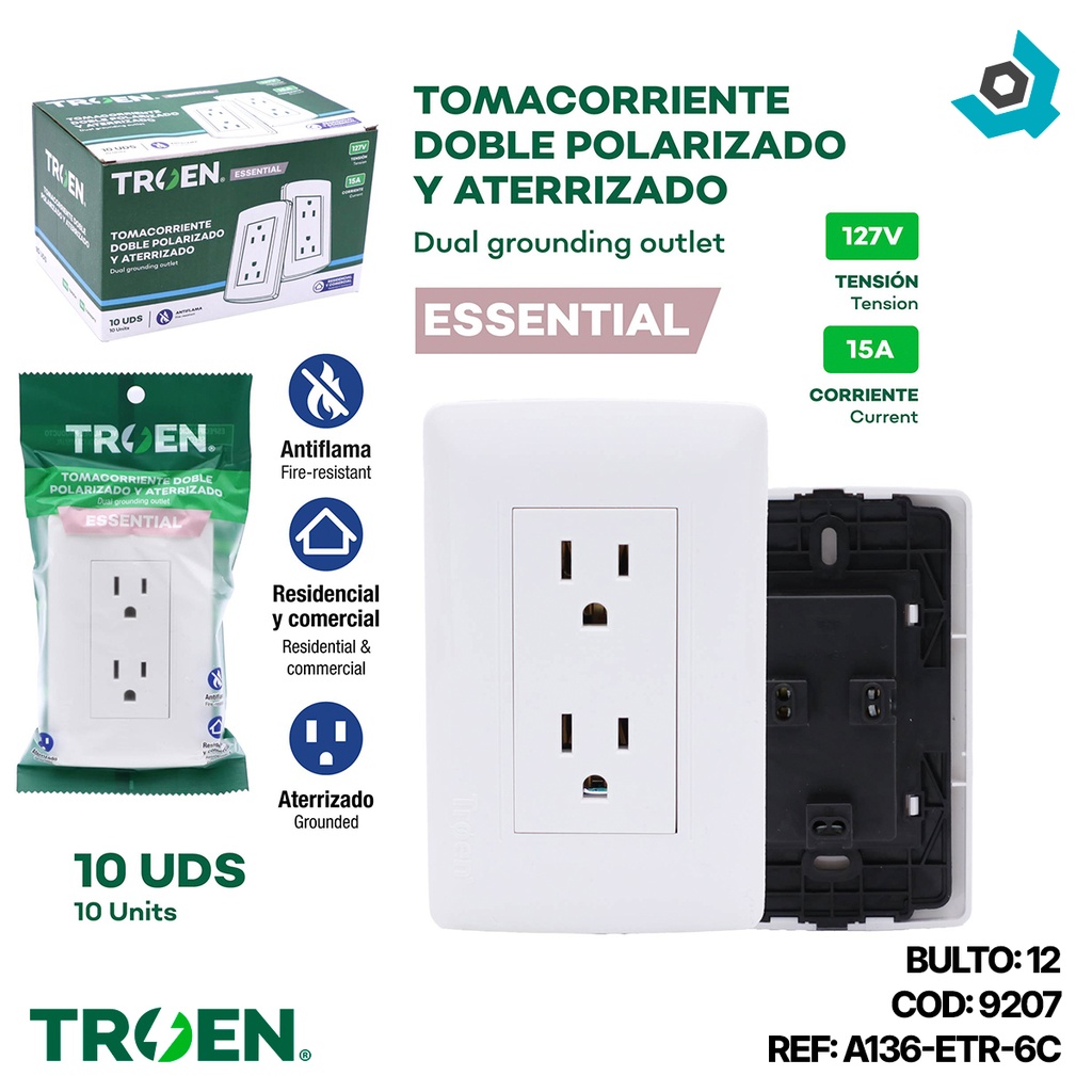 TOMACORRIENTE DOBLE CON TIERRA BLANCO TROEN