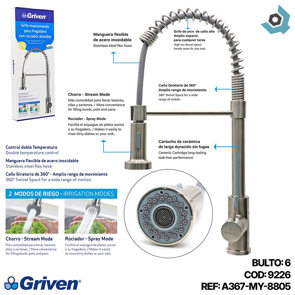 GRIFERIA PARA FREGADERO MONOMANDO SATINADO GRIVEN
