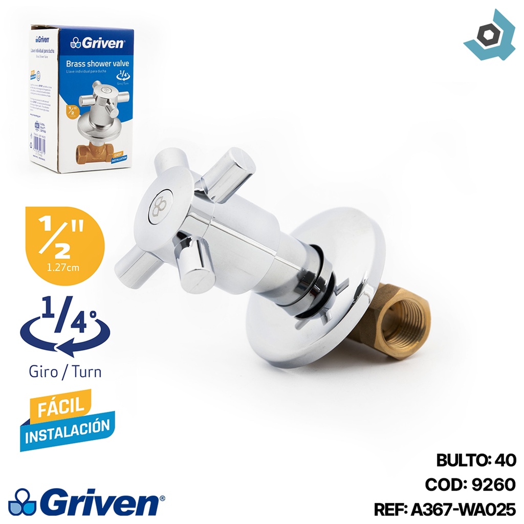 LLAVE PARA DUCHA 1/2" INDIVIDUAL GRIVEN