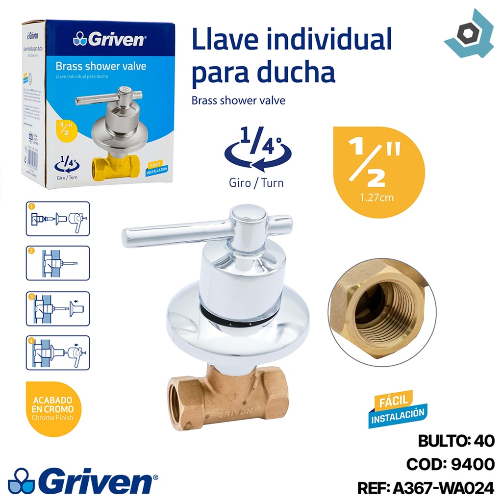 LLAVE PARA DUCHA 1/2" INDIVIDUAL GRIVEN