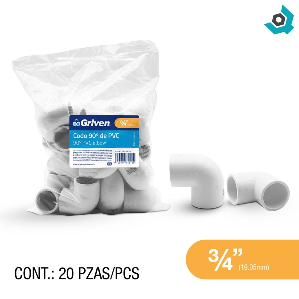 CODO 90GR PVC SCH 40 3/4" GRIVEN