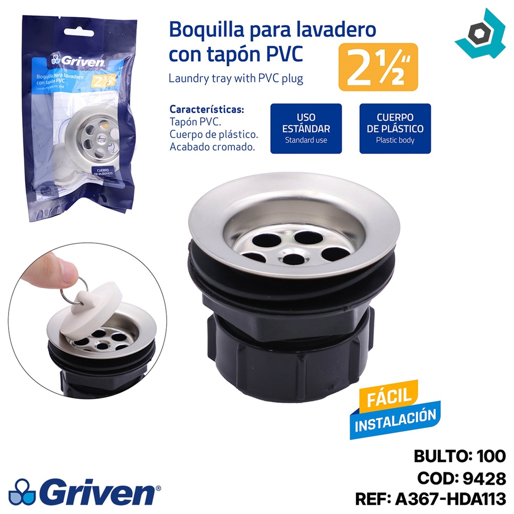 BOQUILLA PARA LAVADERO 2 1/2" CON TAPON PVC GRIVEN