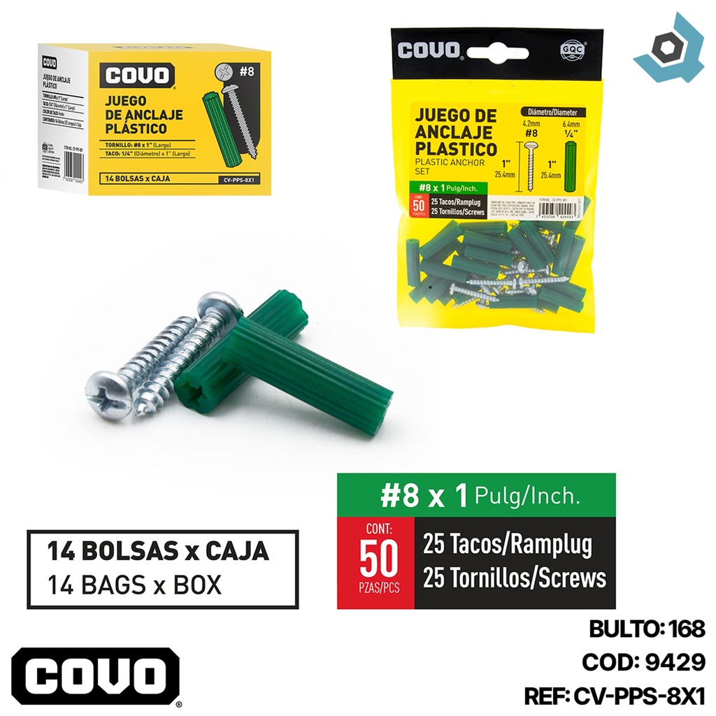 TORNILLOS CON RAMPLUG 8 X 1" 50 PIEZAS COVO