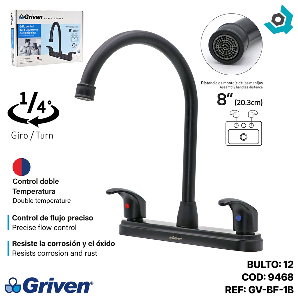 GRIFERIA PARA FREGADERO 8" CUELLO DE CISNE GRIVEN BLACK