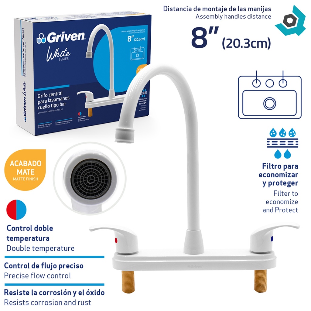 GRIFERIA PARA FREGADERO 8" CUELLO DE CISNE GRIVEN WHITE