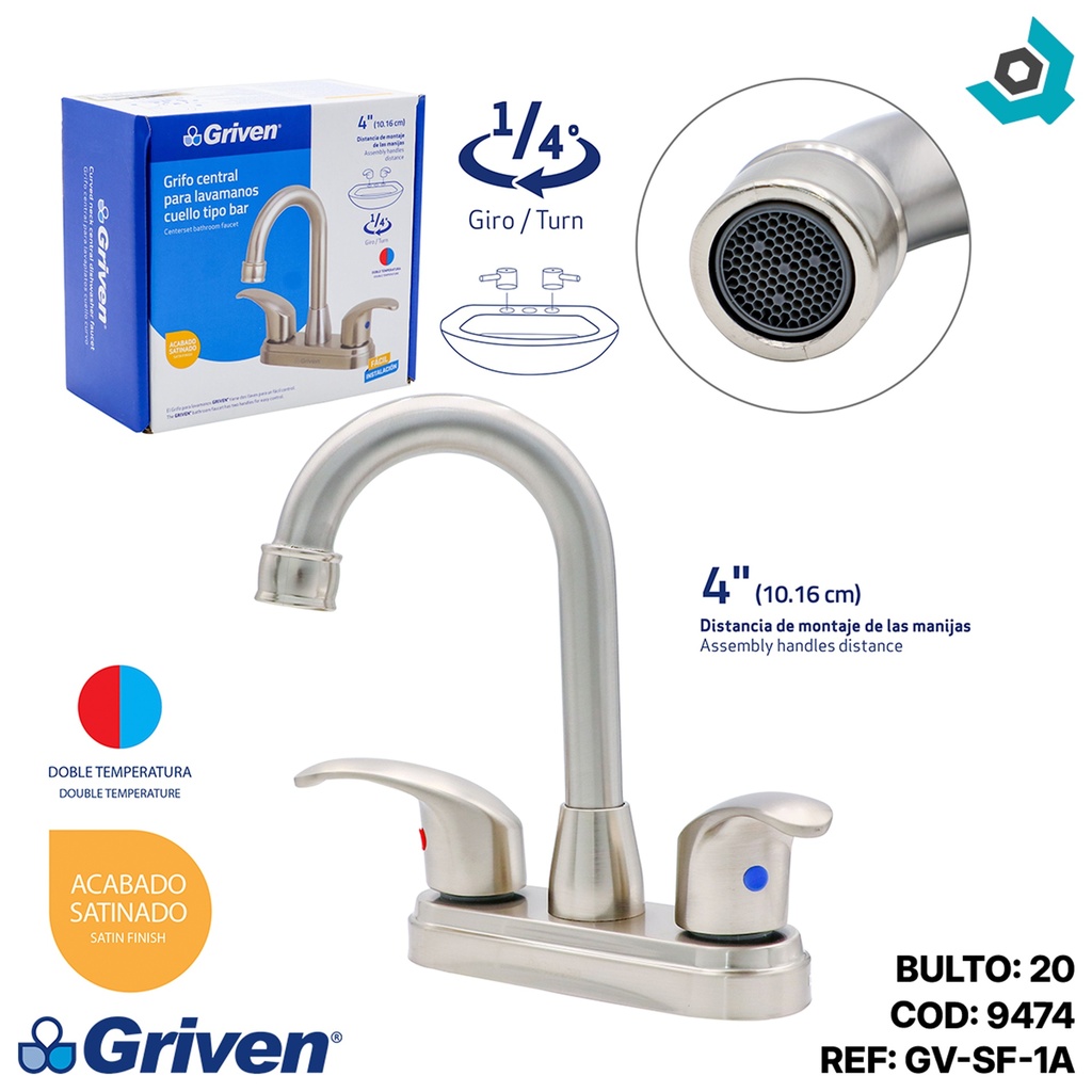 GRIFERIA PARA LAVAMANOS 4" CUELLO DE CISNE GRIVEN