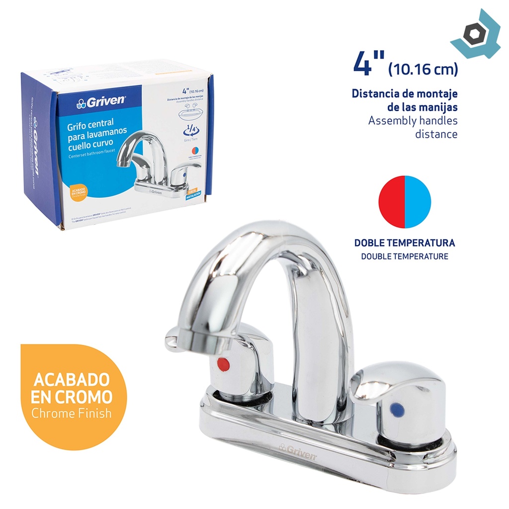 GRIFERIA PARA LAVAMANOS 4" CUELLO CURVO GRIVEN
