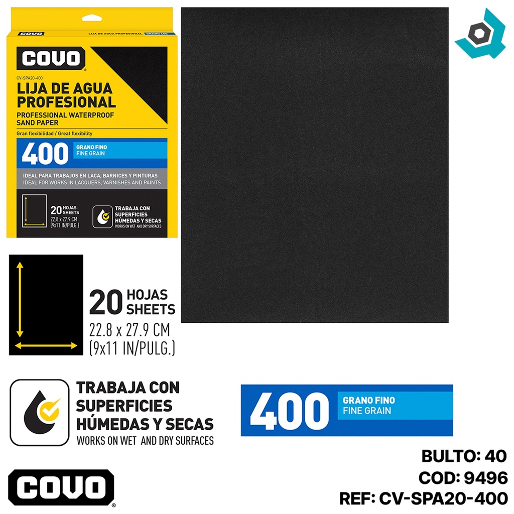 LIJA DE AGUA 9" X 11" GRANO 400 FINO COVO
