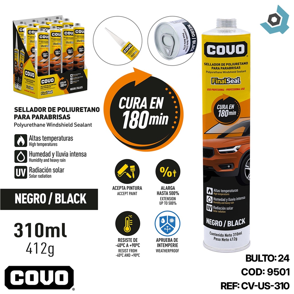 SELLADOR ADHESIVO DE PARABRISAS NEGRO 310ML COVO