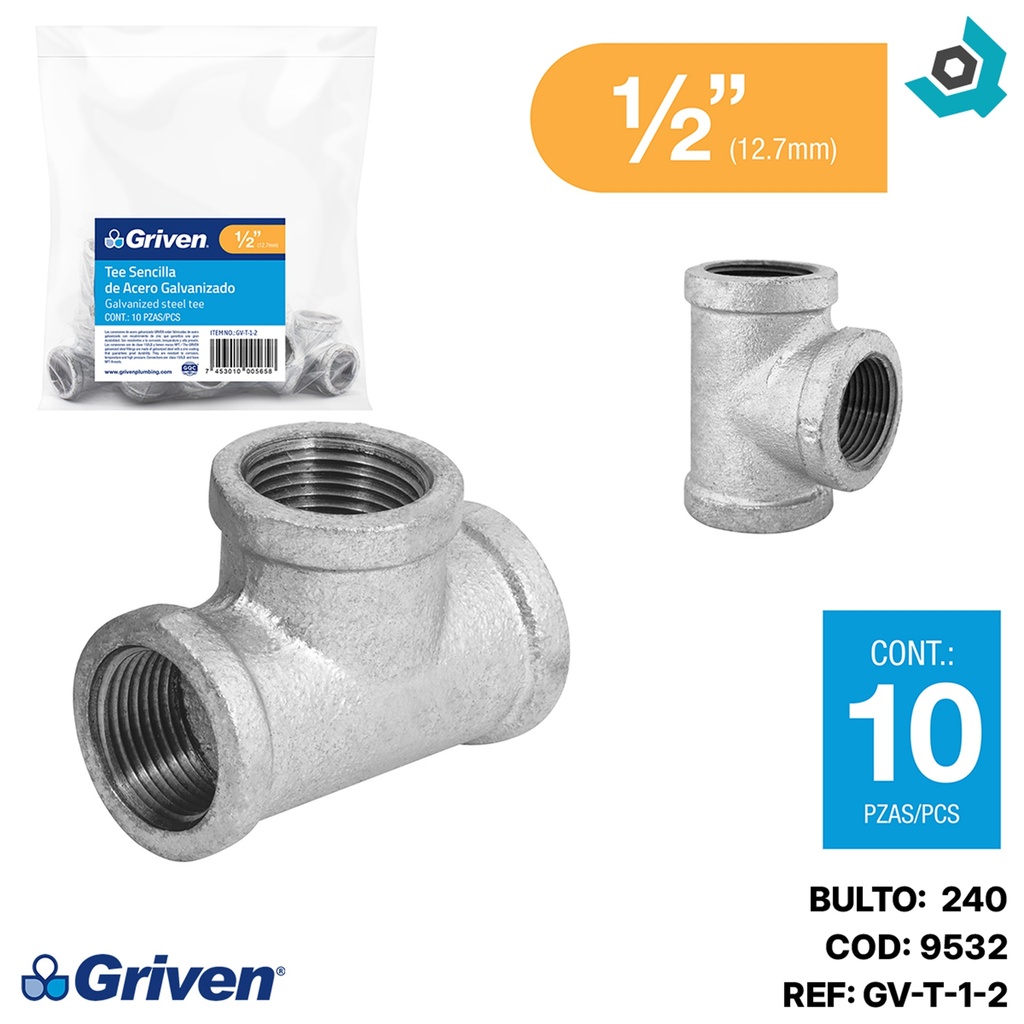 TEE 1/2" DE ACERO GALVANIZADO SENCILLA HR GRIVEN