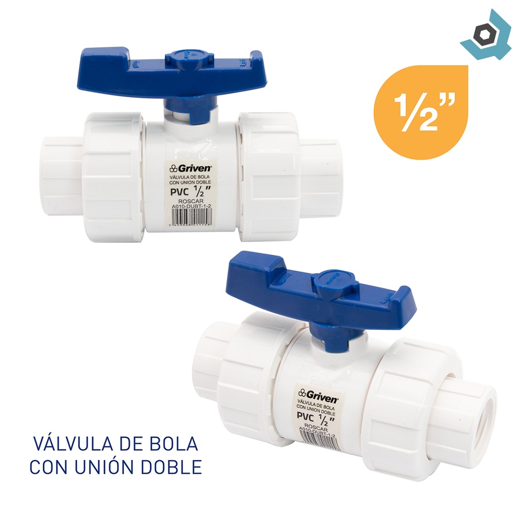 VALVULA 1/2" DE PVC CON ROSCA UNION DOBLE GRIVEN