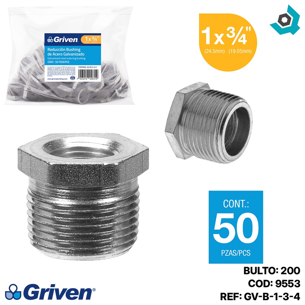 REDUCCION BUSHING 1" X 3/4" DE ACERO GALVANIZADO GRIVEN