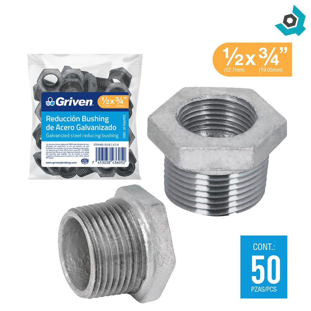 REDUCCION BUSHING 1/2" X 3/4" DE ACERO GALVANIZADO GRIVEN