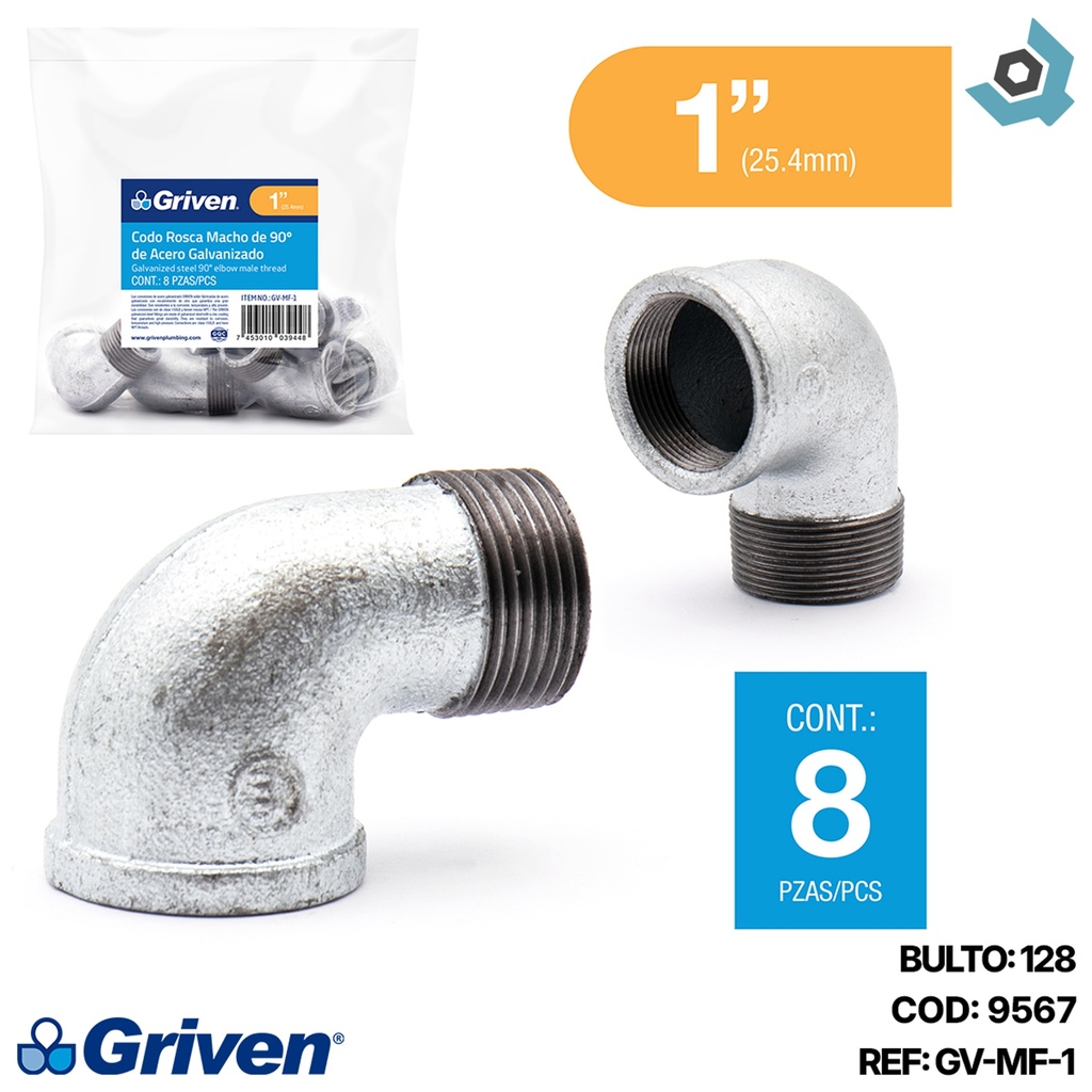CODO 90GR 1" DE ACERO GALVANIZADO MR GRIVEN