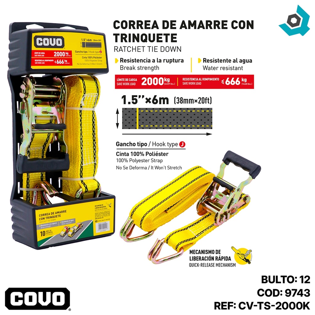 CORREA DE AMARRE CON TRINQUETE 2000KG X 6M COVO